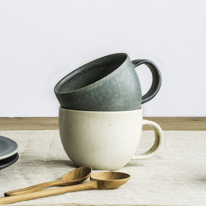 日本信乐烧 职人手作 粗陶咖啡杯复古陶瓷马克杯 蓝釉/黑茶/米色