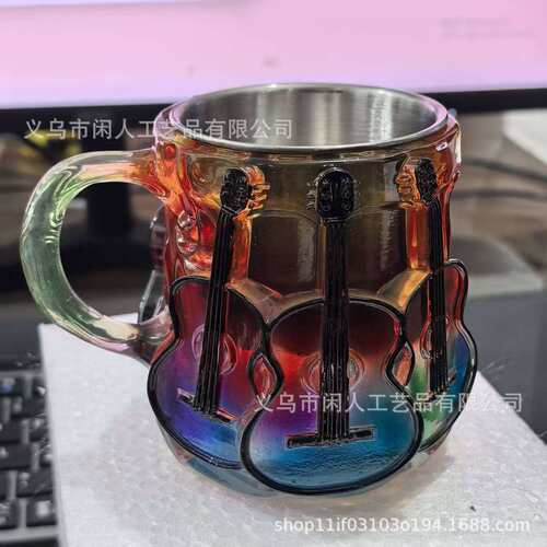 跨境爆品Painted Book Mug吉他咖啡杯马克杯彩虹渐变吉他造型杯