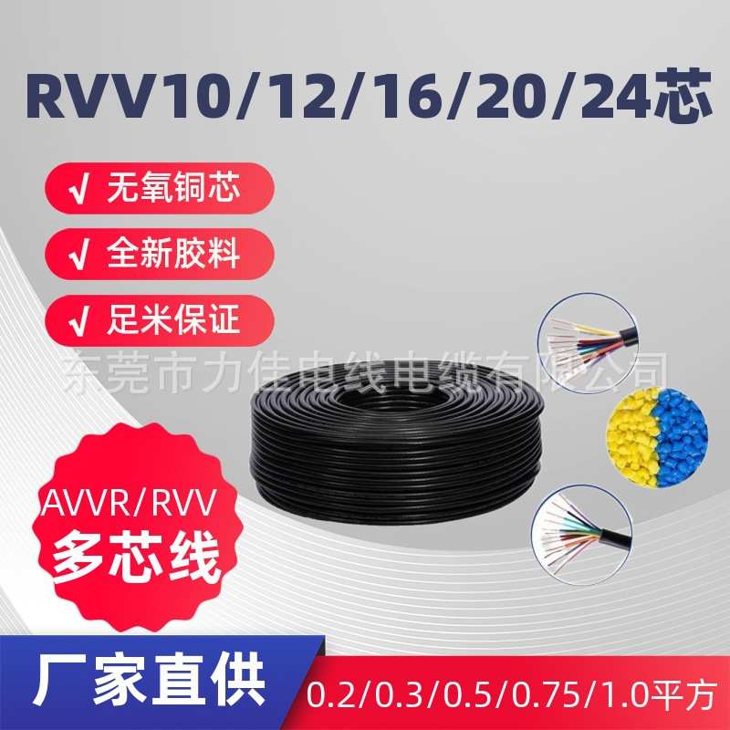 供应RVV20芯0.3/0.5/0.75平方纯铜PVC软护套电源电缆线足米