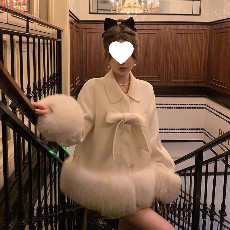 T8Y双面呢羊绒大衣女士蝴蝶结毛2024秋冬季新款防狐狸毛海宁皮