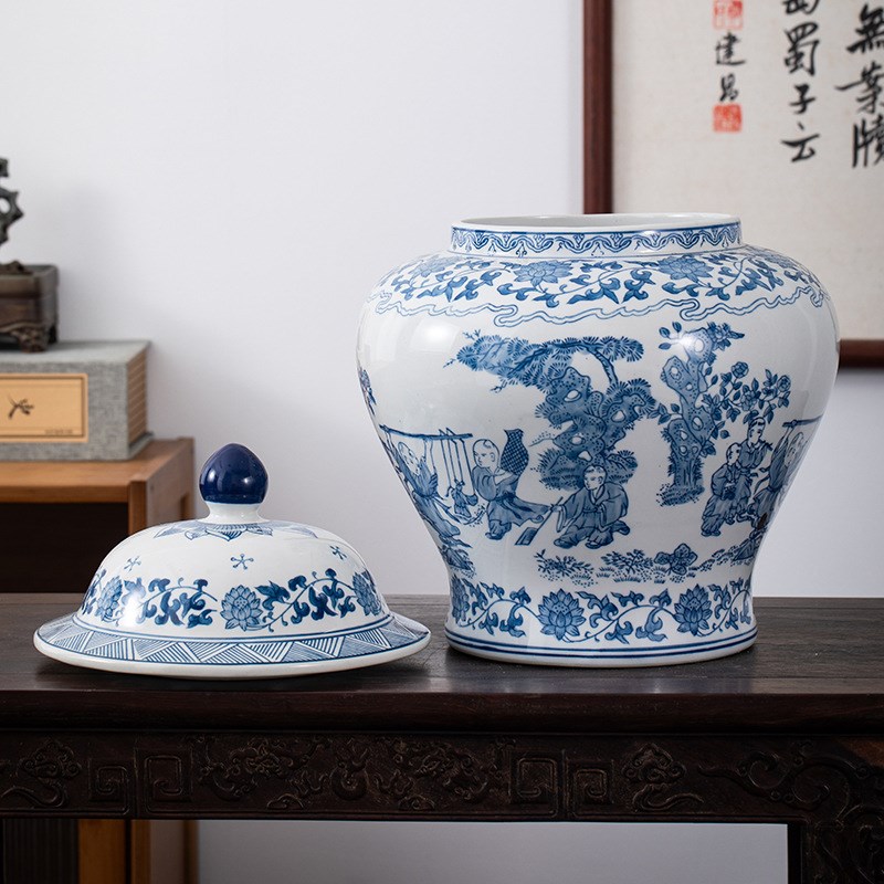 青花人物将军罐陶瓷做旧仿古工艺品桌面摆件花瓶中式Z装饰品高温