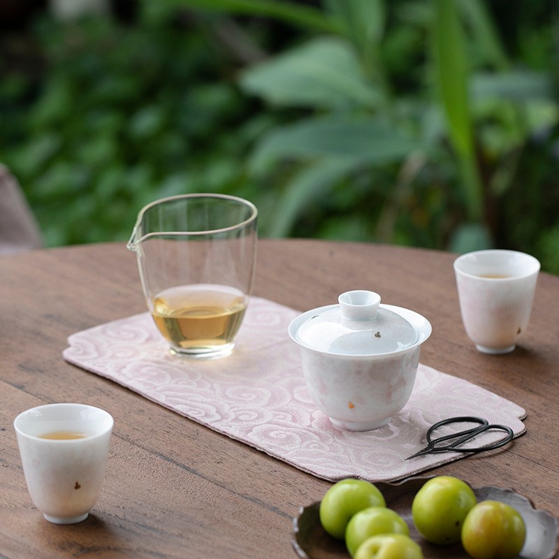 花开茶靡渐变盖碗陶瓷旅行t茶具便携收纳布包小套组粉色女性品茗