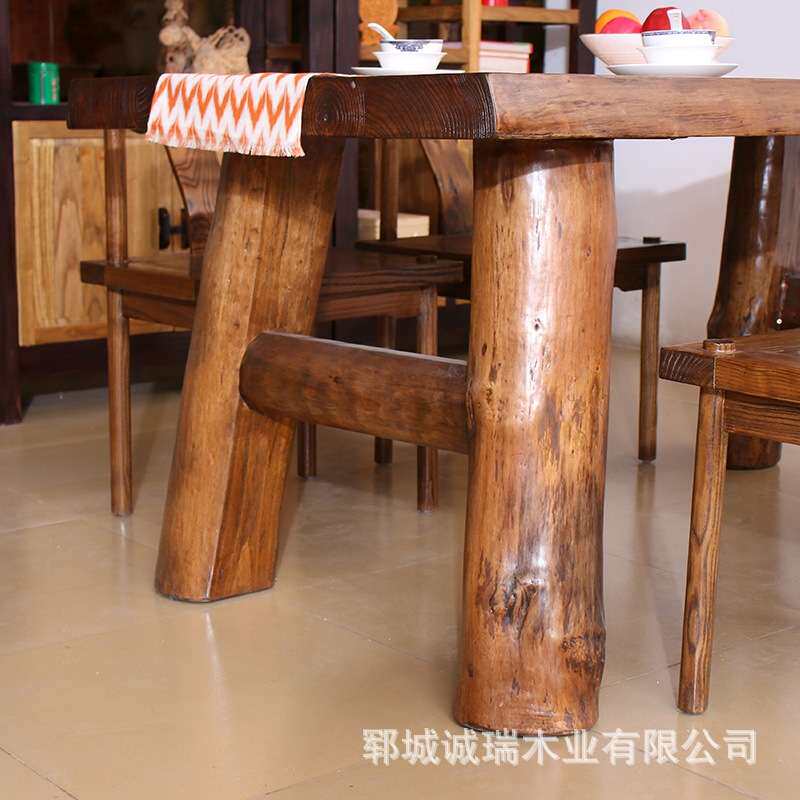 老榆木餐桌实木吃饭桌椅组合店用长方形茶台大板桌长条凳字多规格