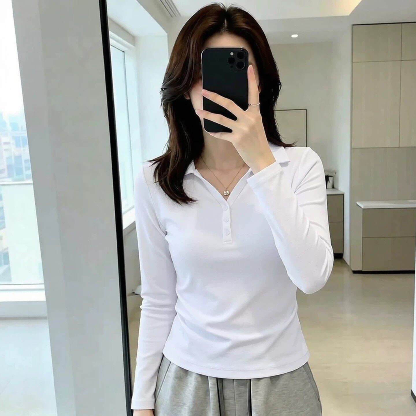 polo衬衫短款亨利领翻领长袖上衣女装2026新款褶皱衣服t恤小个子