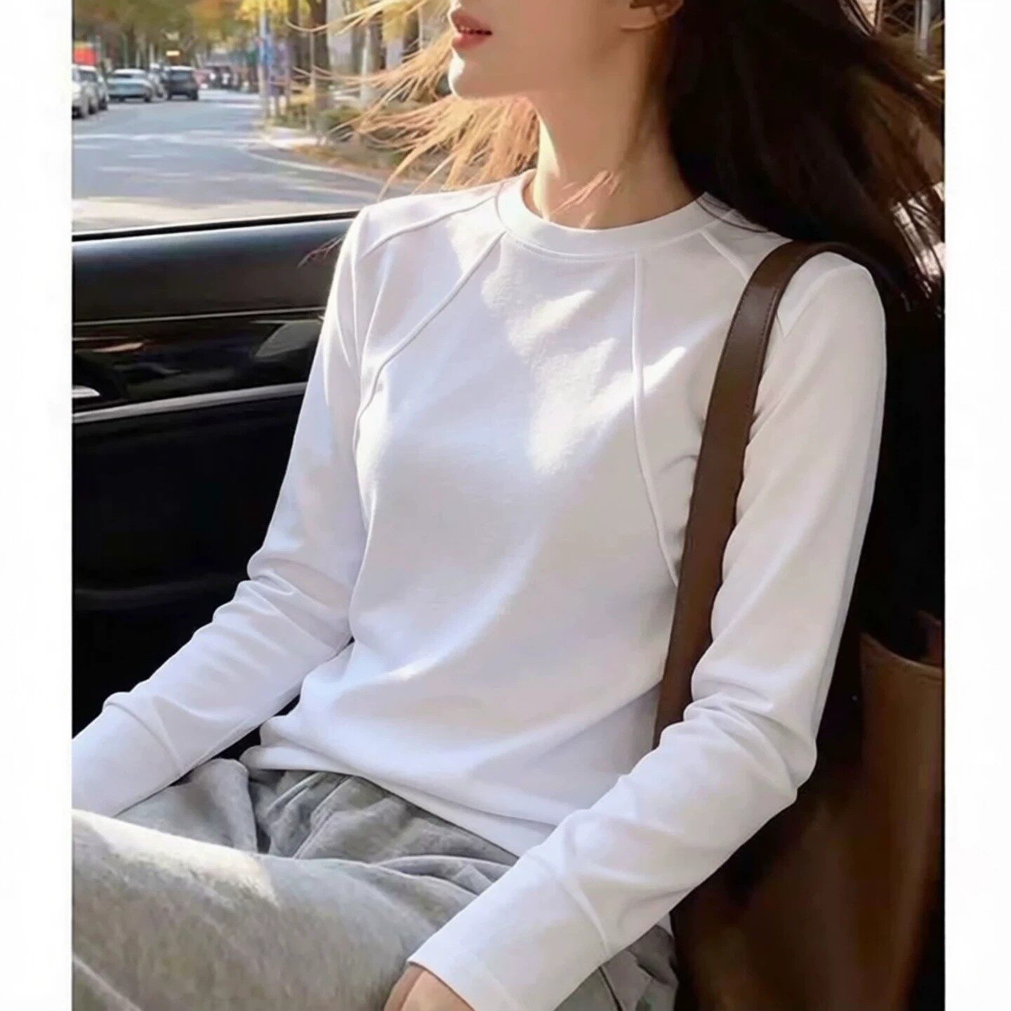 高级感潮流白色圆领鱼骨纯棉全棉长袖t恤女2026新款衣服上衣体恤