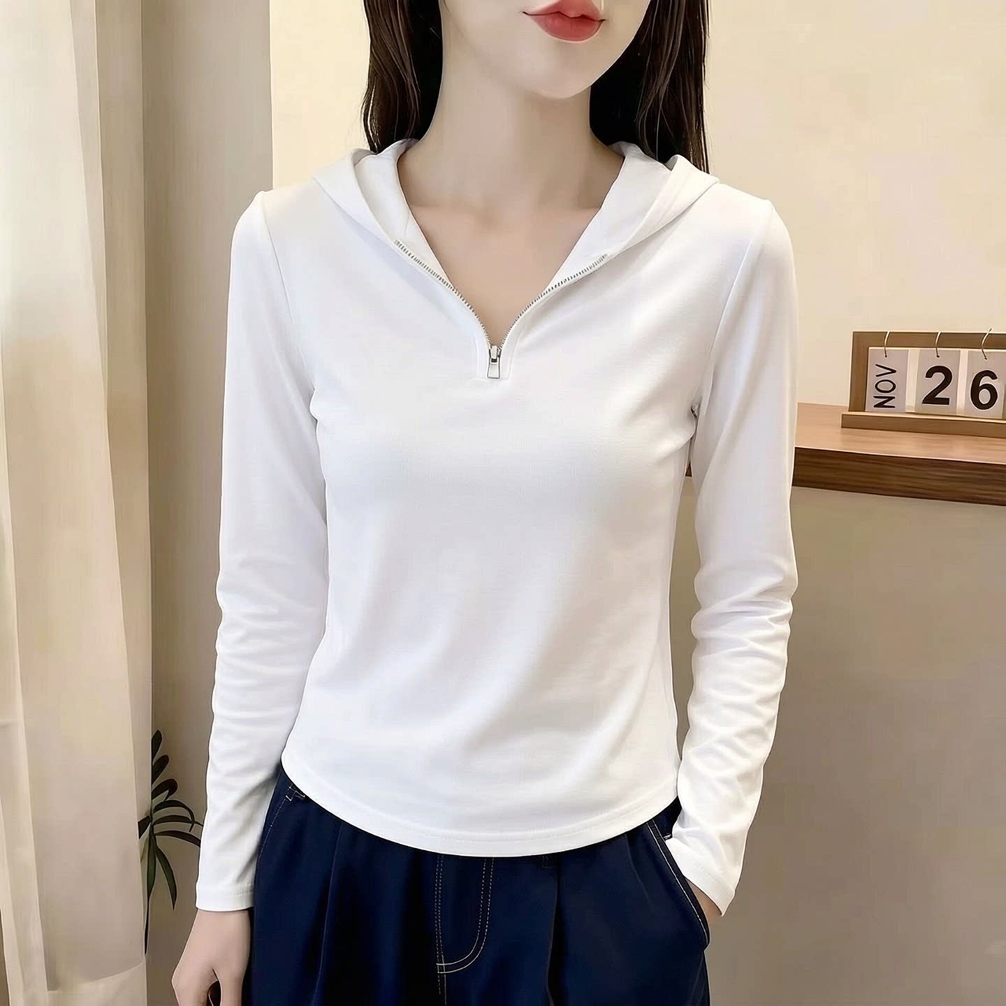 纯棉连帽半拉链正肩长袖t恤女2026新款春秋薄款时尚衣服卫衣上衣