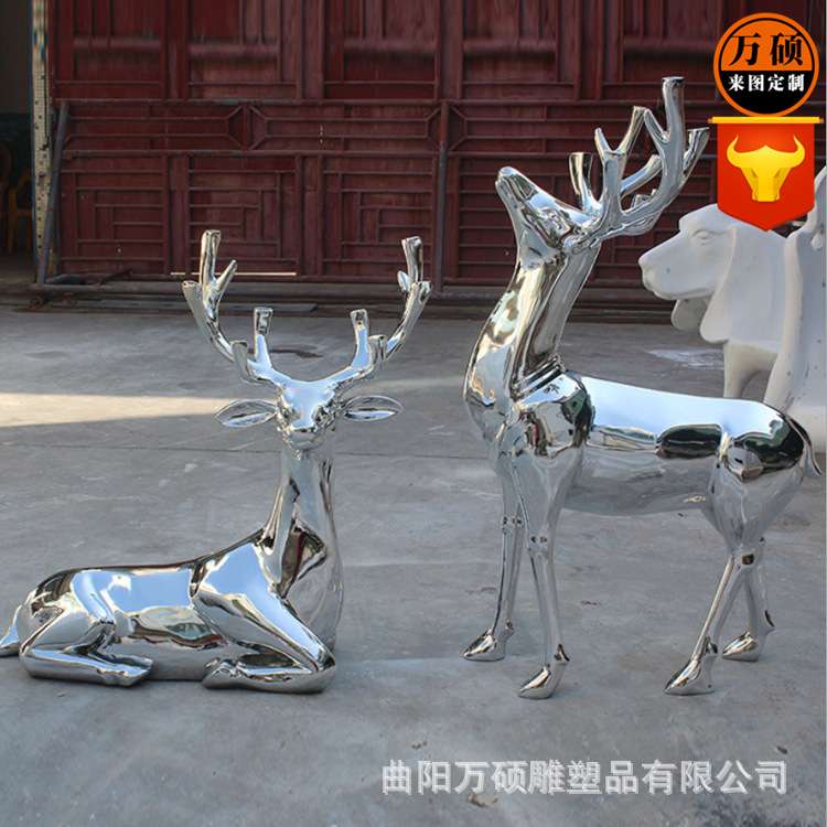 不锈钢金属抽象鹿雕塑 切面鹿镜面小鹿公园小区动物雕塑装饰摆件