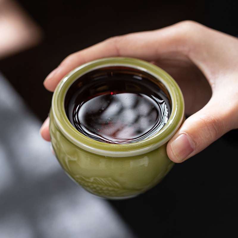 青瓷茶杯主人杯茶盏镶嵌银饰莲花风水缸杯陶瓷茶具家用小茶碗德化