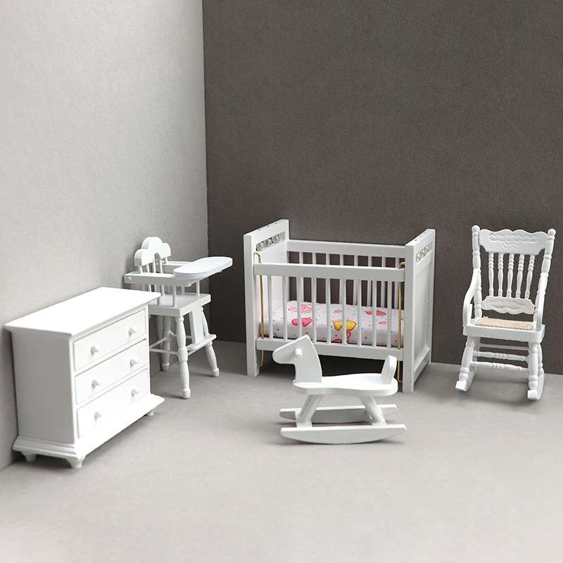1:12娃娃屋dollhouse迷你家具白色儿童房套装儿童床摇摇马摇椅柜