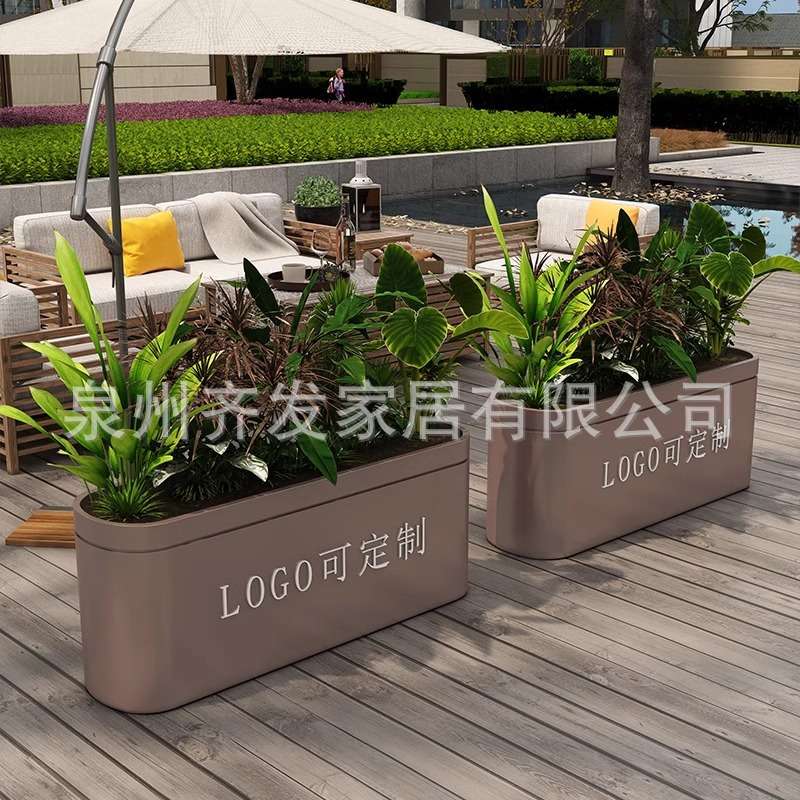 户外不锈钢花箱围栏室外摆街道铁艺花槽长方形花盆售楼部广场花坛