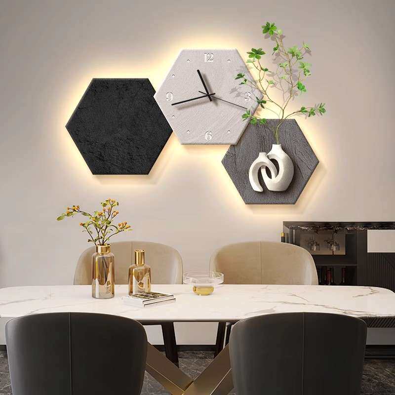 现代简约餐厅装饰画带钟表创意艺术餐桌挂画绿植高档饭厅墙上壁画