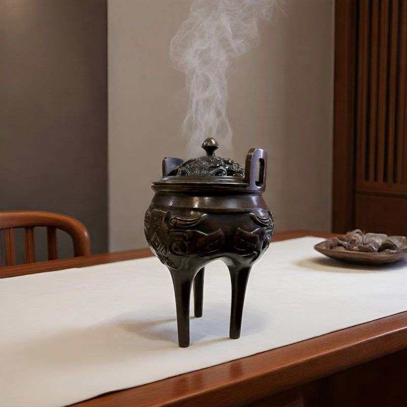 中式复古苏工铜炉紫铜家用瓜式高足冲天耳沉香香熏炉室内装饰摆件