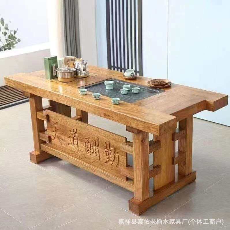 老榆木桌长茶桌北方桌椅禅意原木喝茶桌实木吧台家用餐桌茶桌木板