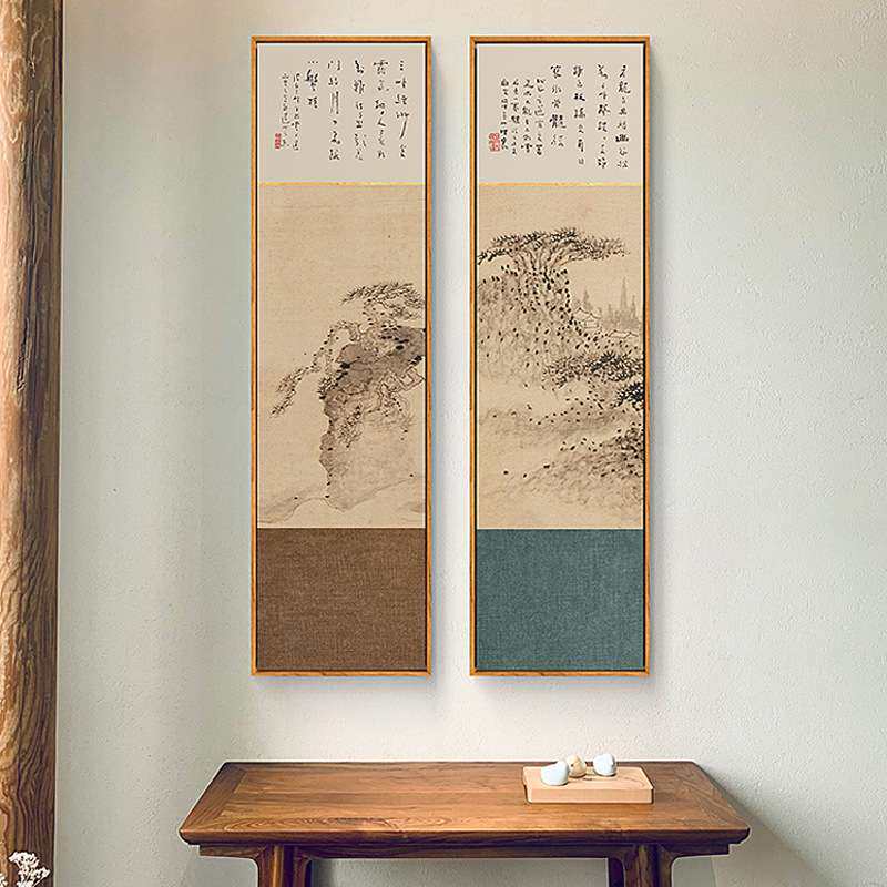 山水人家新中式原木风客厅装饰画山水工笔画日式挂画玄关壁画竖幅