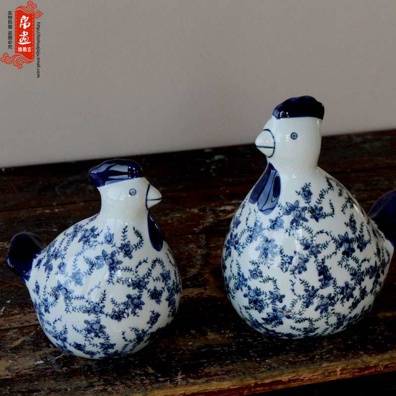 中式陶瓷装饰品工艺 家居客厅电视柜青花鸡对鸡装饰品摆件
