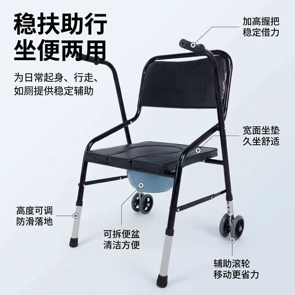 坐便椅可折叠坐便器老人带轮子加厚钢管可助推轻便高靠背厂家直供