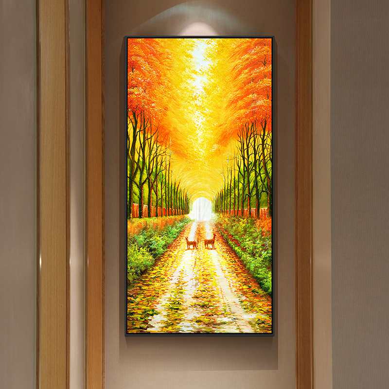 现代简约玄关装饰画欧式竖版晶瓷黄金满地壁画鹿走廊过道墙面挂画