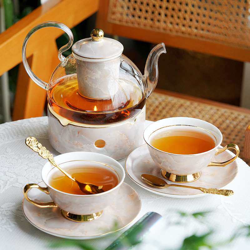 英式下午茶具轻奢大理石纹咖啡杯碟蜡烛加热花茶壶花茶杯套装