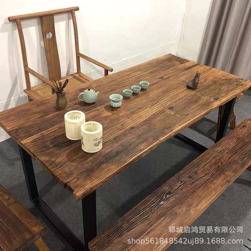 老榆木茶桌组合复古餐桌实木中式椅子旧木板长条凳禅意风化门板