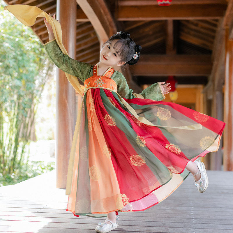 女童汉服古风唐装敦煌飞天舞蹈连衣裙中国风超仙演出服六一表演服