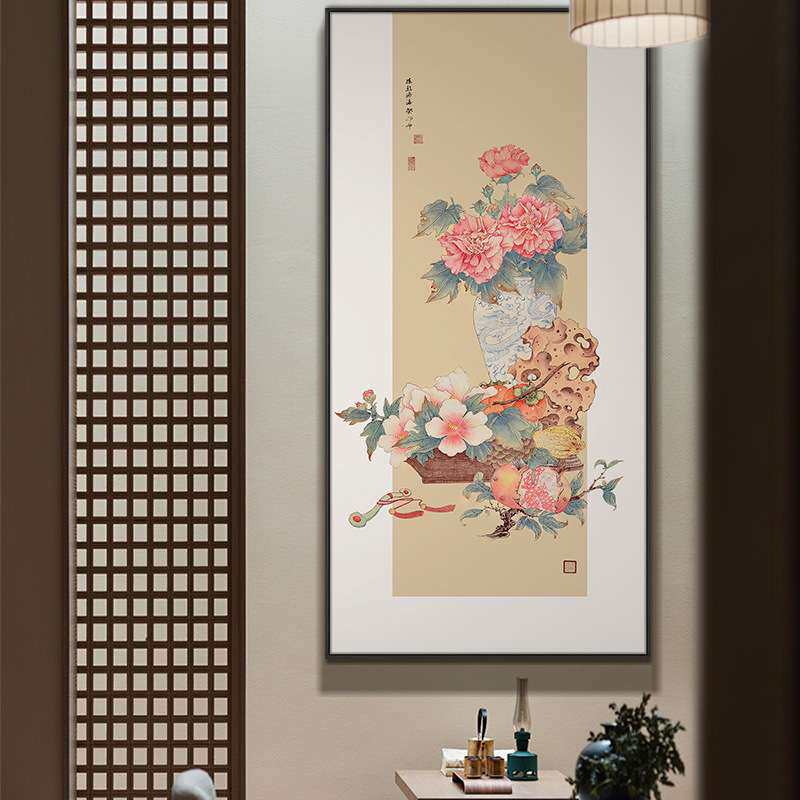 新中式入户玄关花鸟装饰画复古风酒店民宿餐厅挂画书房茶室高档画