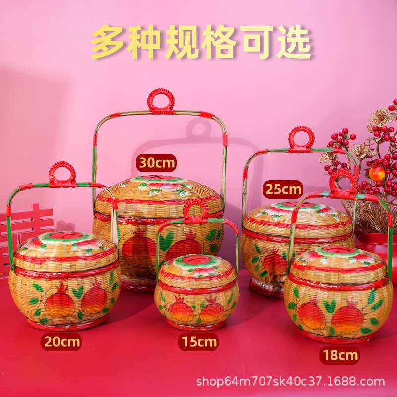 纯手工编织彩绘竹篮潮汕传统喜庆婚嫁女方用品竹制花篮竹艺摆件