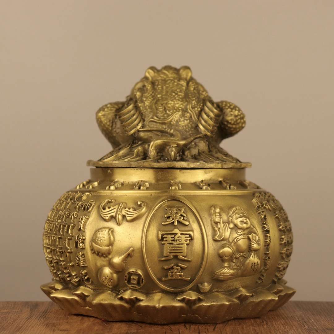 精工纯铜聚宝盆摆件金蟾聚宝盆经文聚宝盆存钱罐储蓄罐家居工艺品