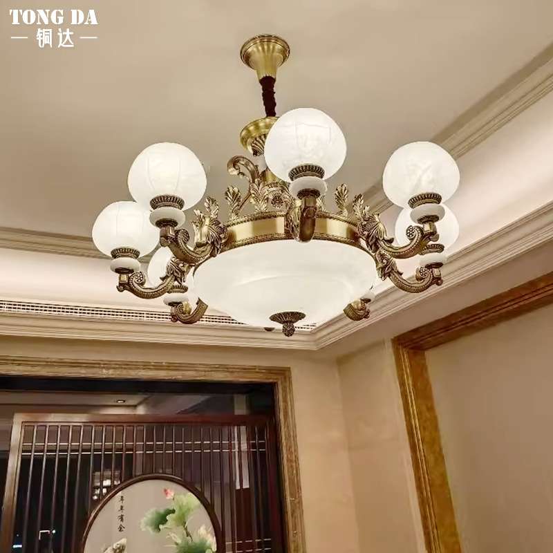 欧式高端别墅云石吊灯美式复古客厅餐厅全铜灯主卧室大气天然云石