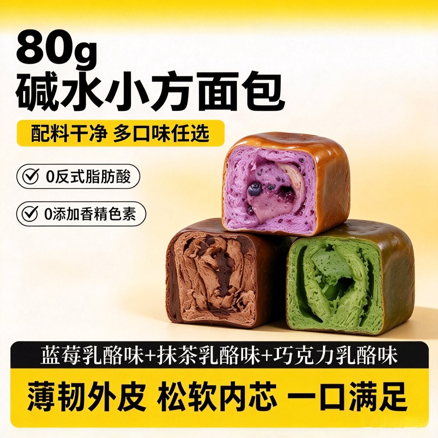 【720g*1箱】多口味蓝莓奶酪碱水小方抹茶夹心面包饱腹早餐碱水球