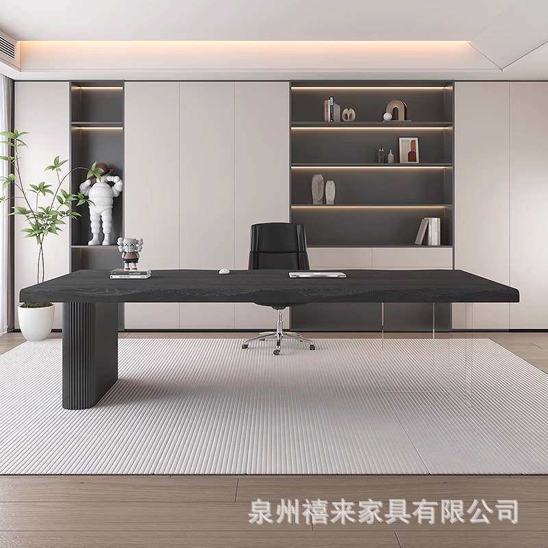 意式极简实木老板桌现代原木大板工作台黑色书桌创意办公桌椅组合