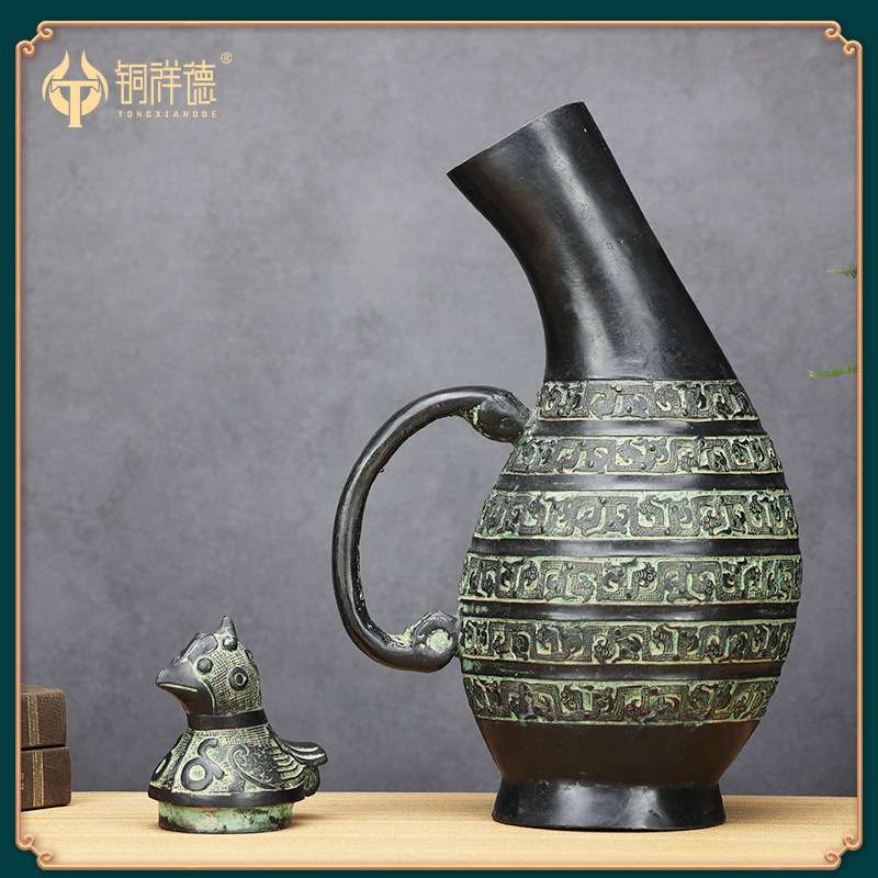 古青铜器摆件春秋战国早期鸟盖瓠壶青铜酒壶蟠龙纹瓠瓜壶工艺品