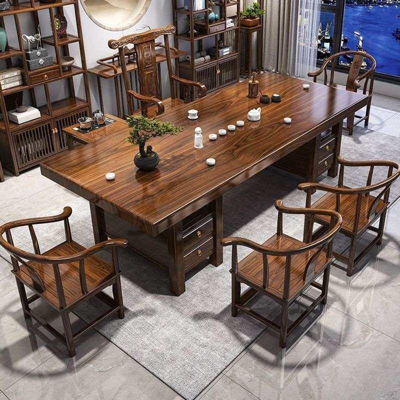实木大板桌椅组合茶桌中式五椅家用办公一体一整套办公室茶几泡茶