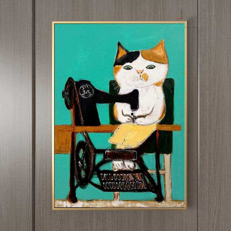 猫咪理发师现代简约搞笑创意可爱猫咪装饰画幽默理发店墙挂画壁画