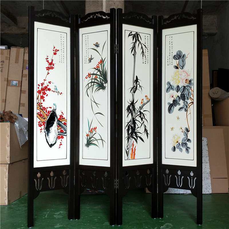 四季花屏风白色底双面手绘梅兰竹菊装饰摆件中国特色木质工艺隔断
