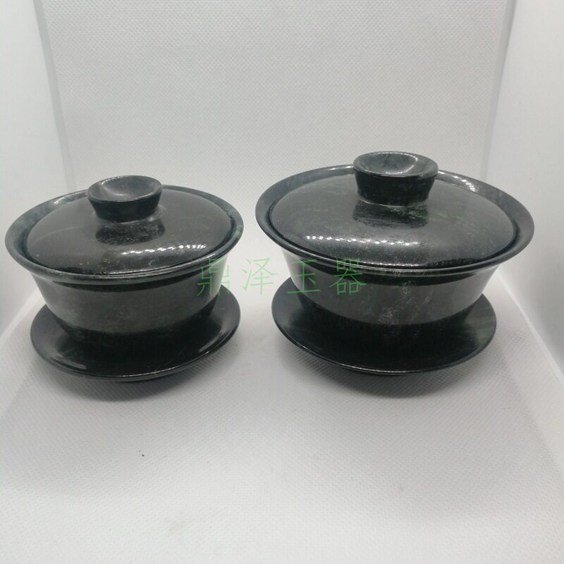 墨玉活磁盖碗一套三件黑绿玉茶碗茶具摆件批发
