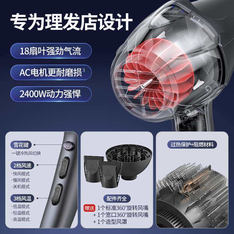 永日2400W大功率发廊吹风筒厂家 蓝光快速干发电吹风机