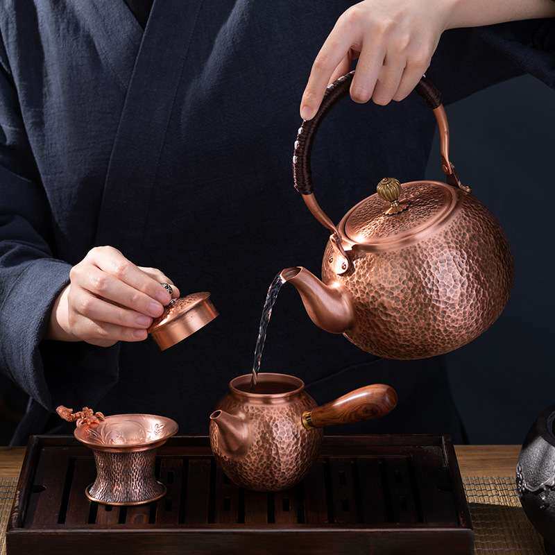 创意家用复古煮茶烧水手工紫铜壶 大容量养生带茶隔带提梁泡茶壶