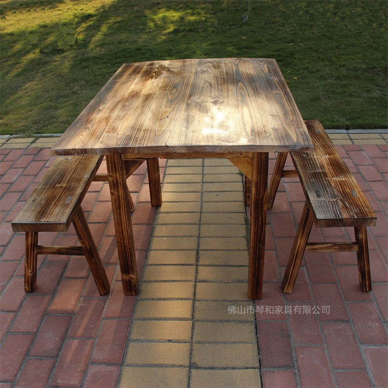 实木松木桌火烧木餐桌p椅炭烧桌凳碳化餐桌凳长条桌凳火锅桌长板