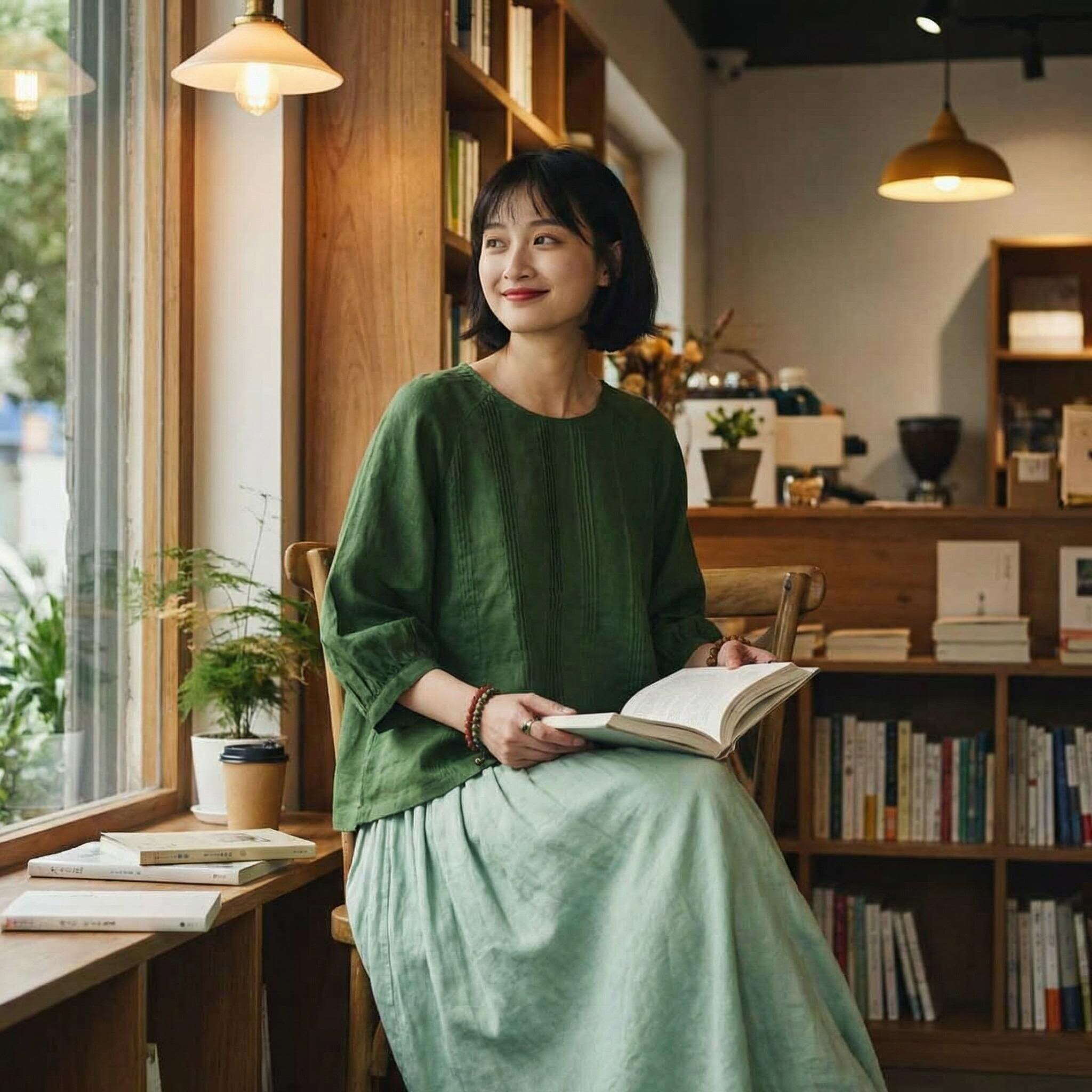 青织谣青豆绿水洗亚麻圆领套头重工艺打条衬衣女九分袖衬衫罩衫夏