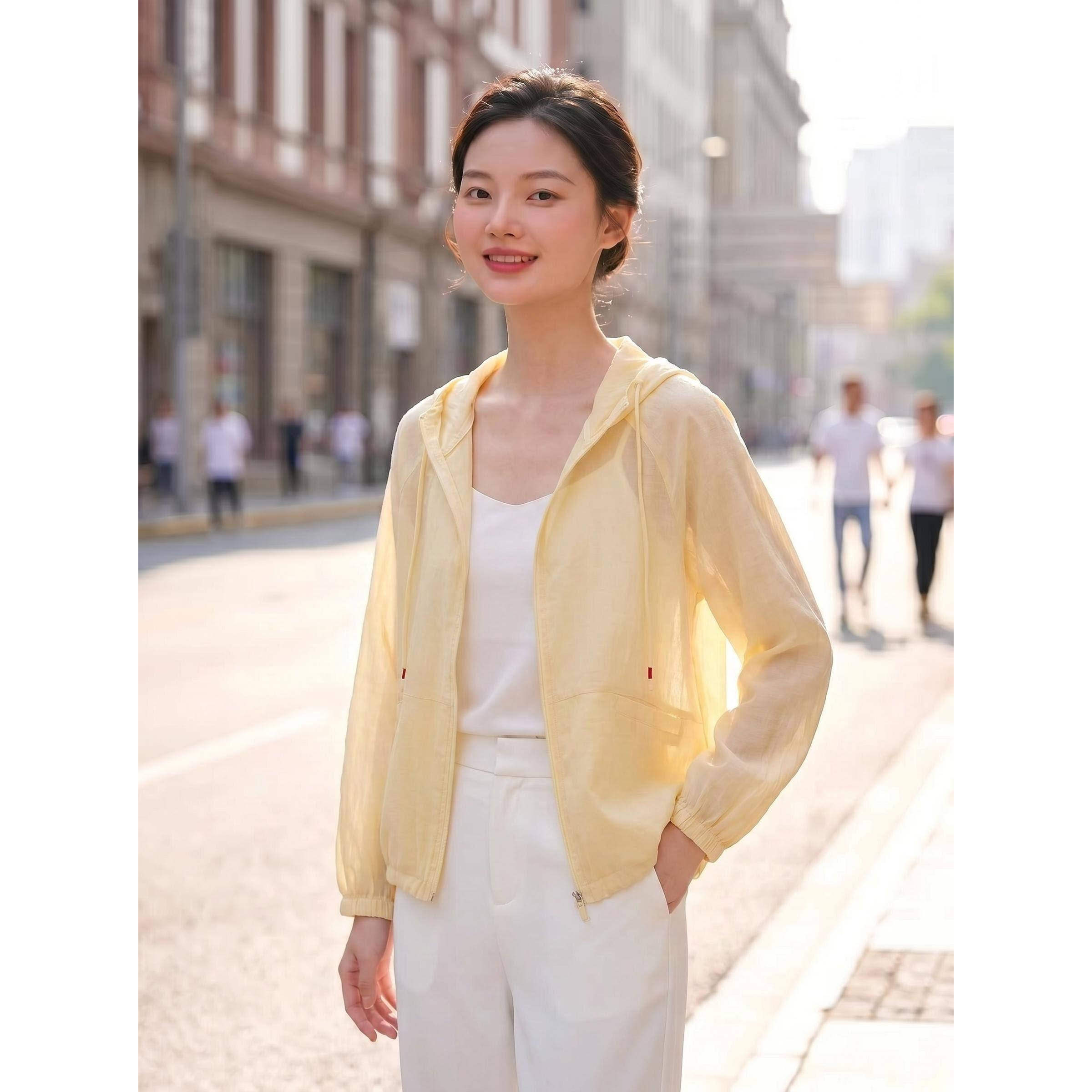 青织谣夏季汉麻防晒衣女连帽薄款外套文艺休闲宽松百搭上衣浅黄色