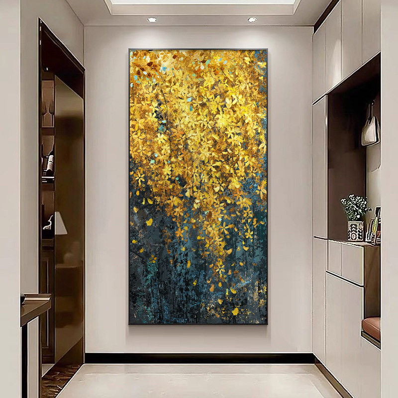 发财树手绘油画入户玄关装饰画大芬村油画迎春花客厅走廊过道装饰