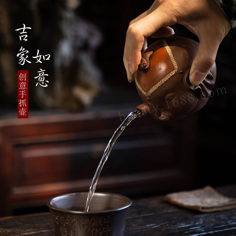 宜兴紫砂壶大g象壶手工内球孔手抓壶分茶器雕塑原矿吉象如意盖碗