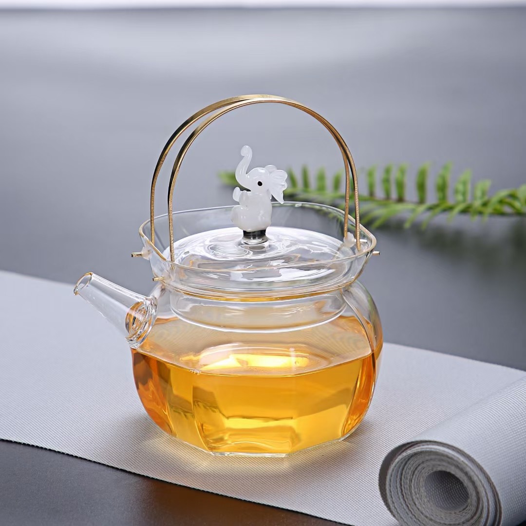 厂家批发高硼硅玻璃泡茶壶创意小象顶珠自带过滤孔铜提梁煮茶壶