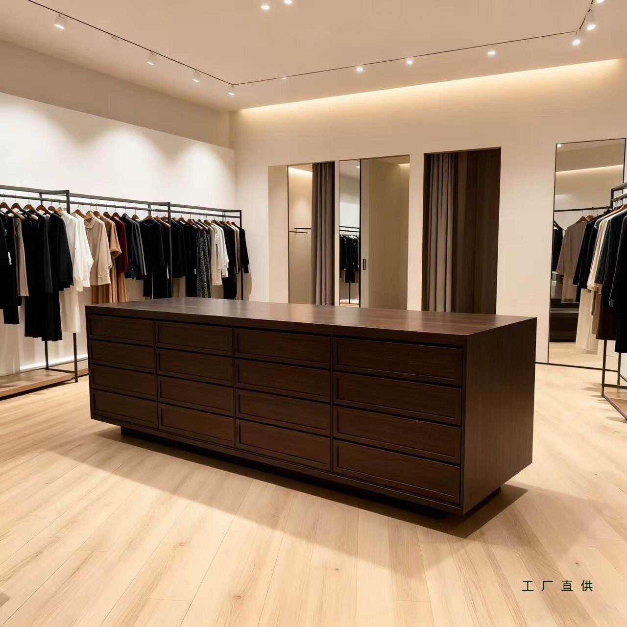 网红实木胡桃色双面服装展示台