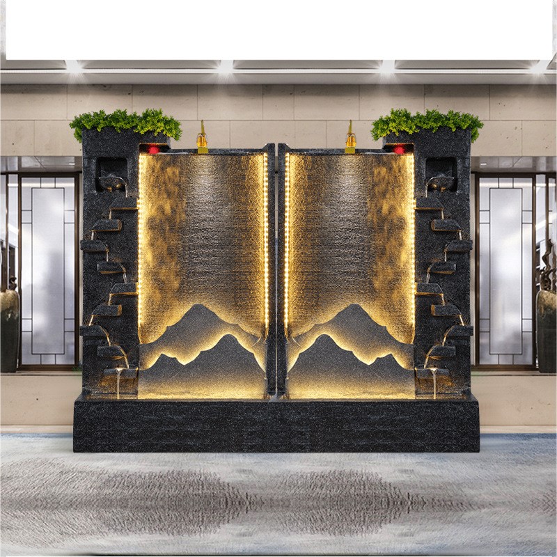 假山流水喷泉水幕墙屏风酒店办公室前台形L象装饰风水招财落地摆