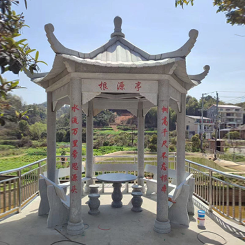 石亭子花岗岩六角凉亭晚霞红长廊公园小区广场景观摆件厂家供应