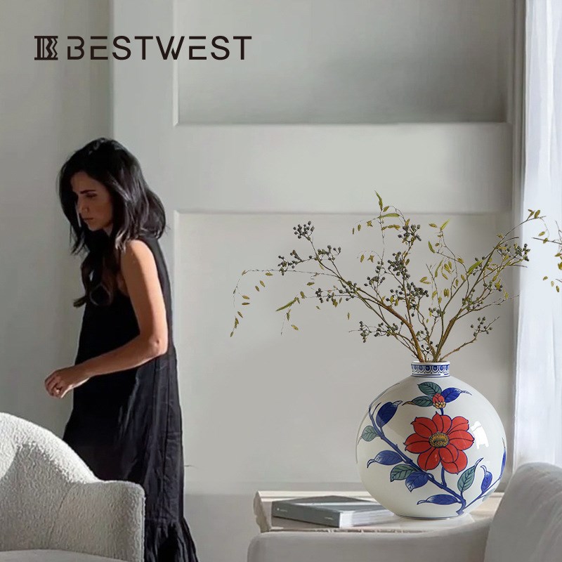 Best wesit 新中式复古双耳青花瓷陶瓷花瓶摆件家居酒壶花器装饰