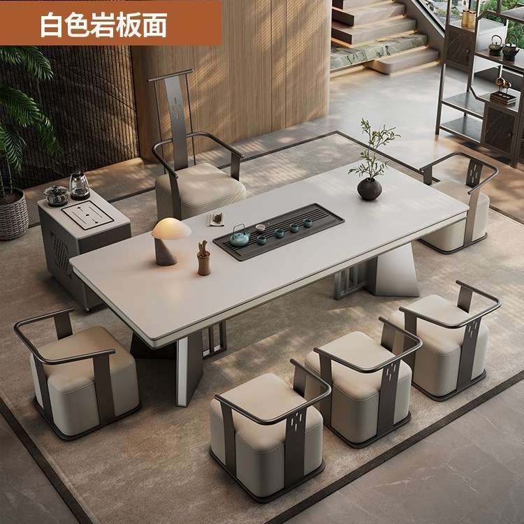 新款木纹岩板大板茶桌椅组合一桌五椅新中式茶台办公室一体