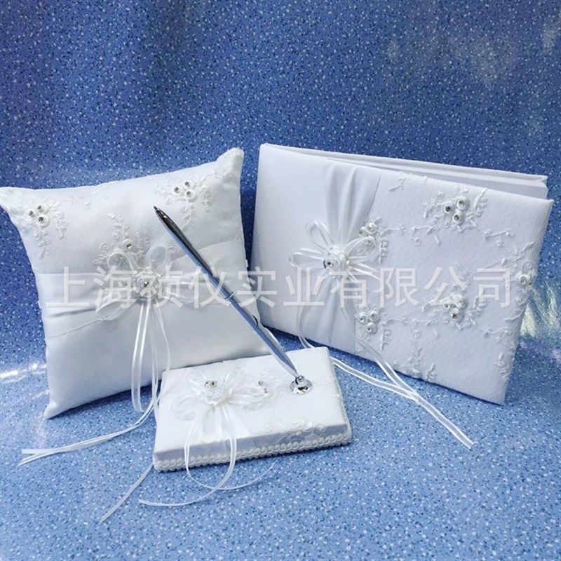 西式婚礼用品 玫瑰钻绣花签到笔新娘戒枕四件套 结婚用品
