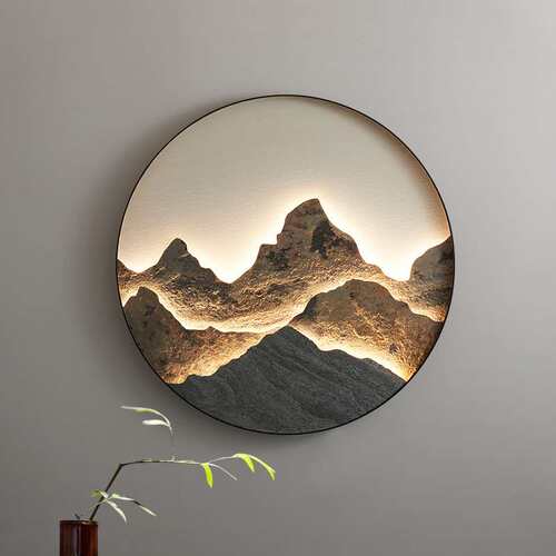 新中式岩板壁灯入户玄关装饰画客厅背景壁画灯圆形茶室立体山水画